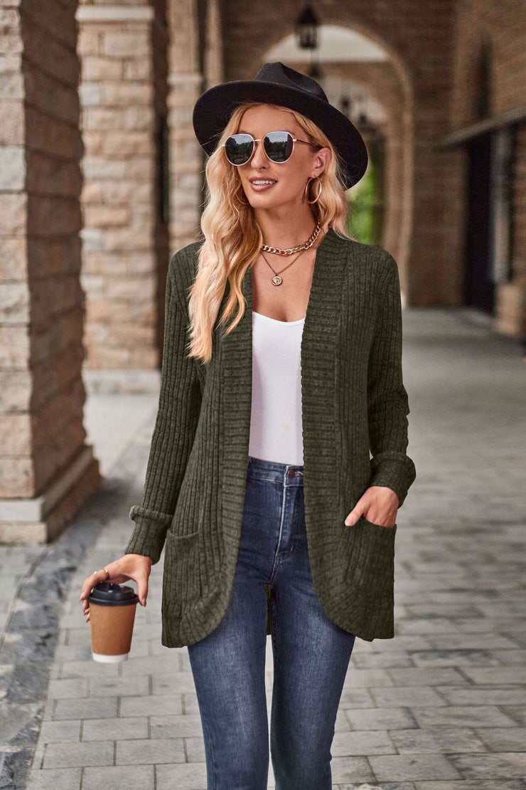 Autumn Solid Color Sunken Stripe Brushed Stitching Long Sleeve Cardigan Jacket