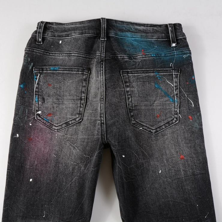 High Street Ripped Men's Splash-ink Paint Graffiti Jeans