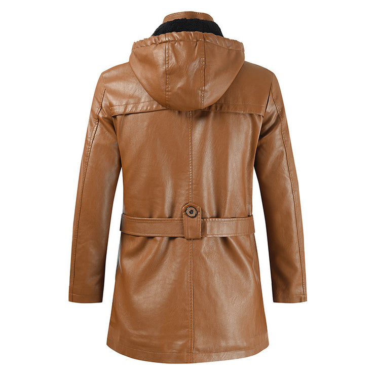 Leather jacket hooded slim coat