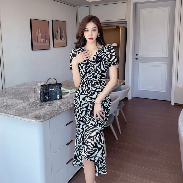 Waist Slimming Temperament Printed Midi Dress