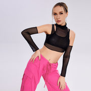 Street Spicy Girl Dew Pure Color Mesh Long Sleeve Top Two Sets