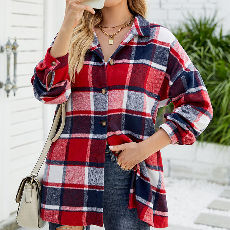 Women's Long-sleeved Plaid Shirt Mid-length Woolen Coat