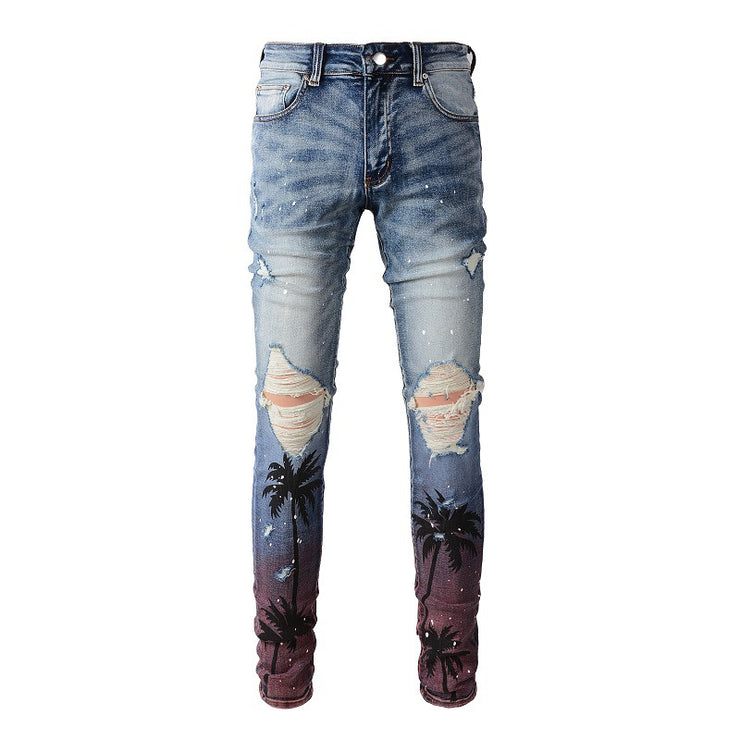 Digital Printing Coconut Pattern Spray Paint Ripped Jeans