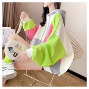 Women's Idle Style Hooded Color Matching Stitching Long-sleeved Hooded Sweater