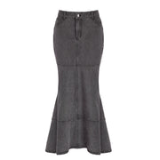 Basic Simple Gray Denim Split Splicing High-waist Mermaid Skirt Fashionable Slimming Skirt