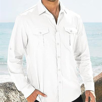 Men's Shirt Double Pocket Cotton Linen Long Sleeve