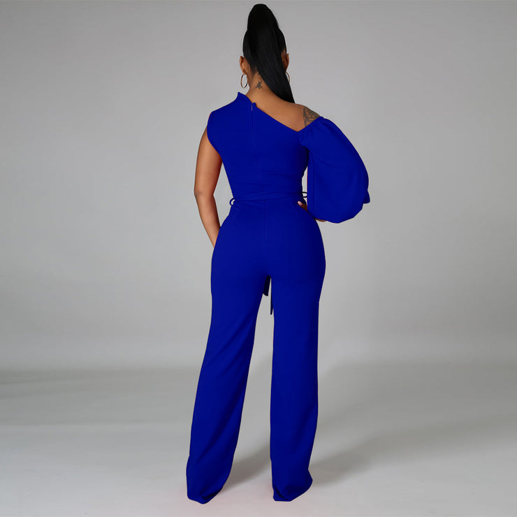 Fashion Jumpsuit Solid Color Single Shoulder Top Wide Leg Pantsuit