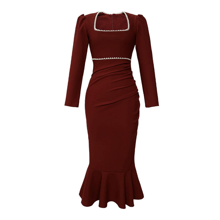 Square-neck Cinched Slimming Fishtail Long Sleeve Dress