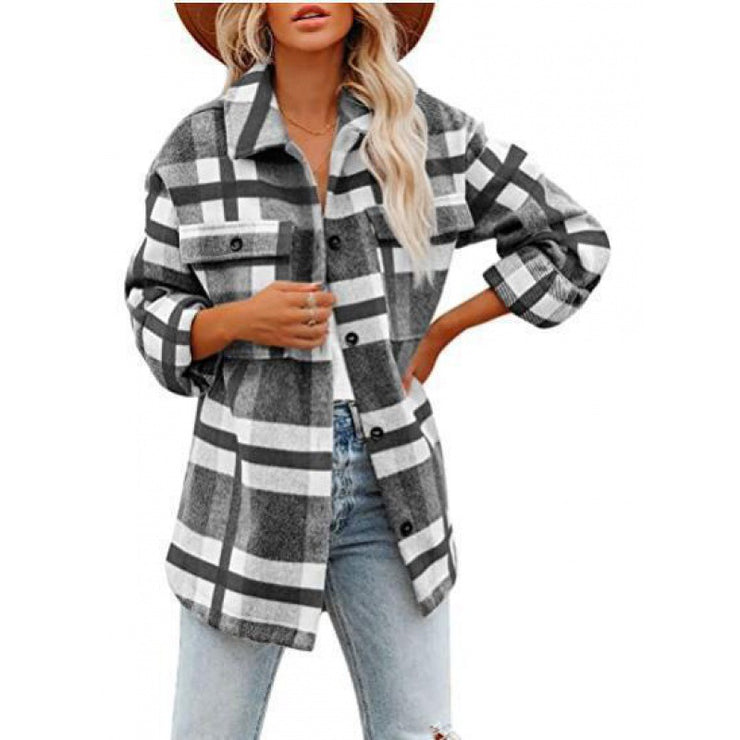 Women's Fashionable Woolen Plaid Shirt Jacket