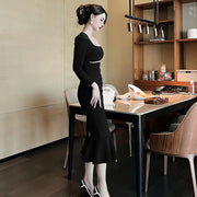 Square-neck Cinched Slimming Fishtail Long Sleeve Dress