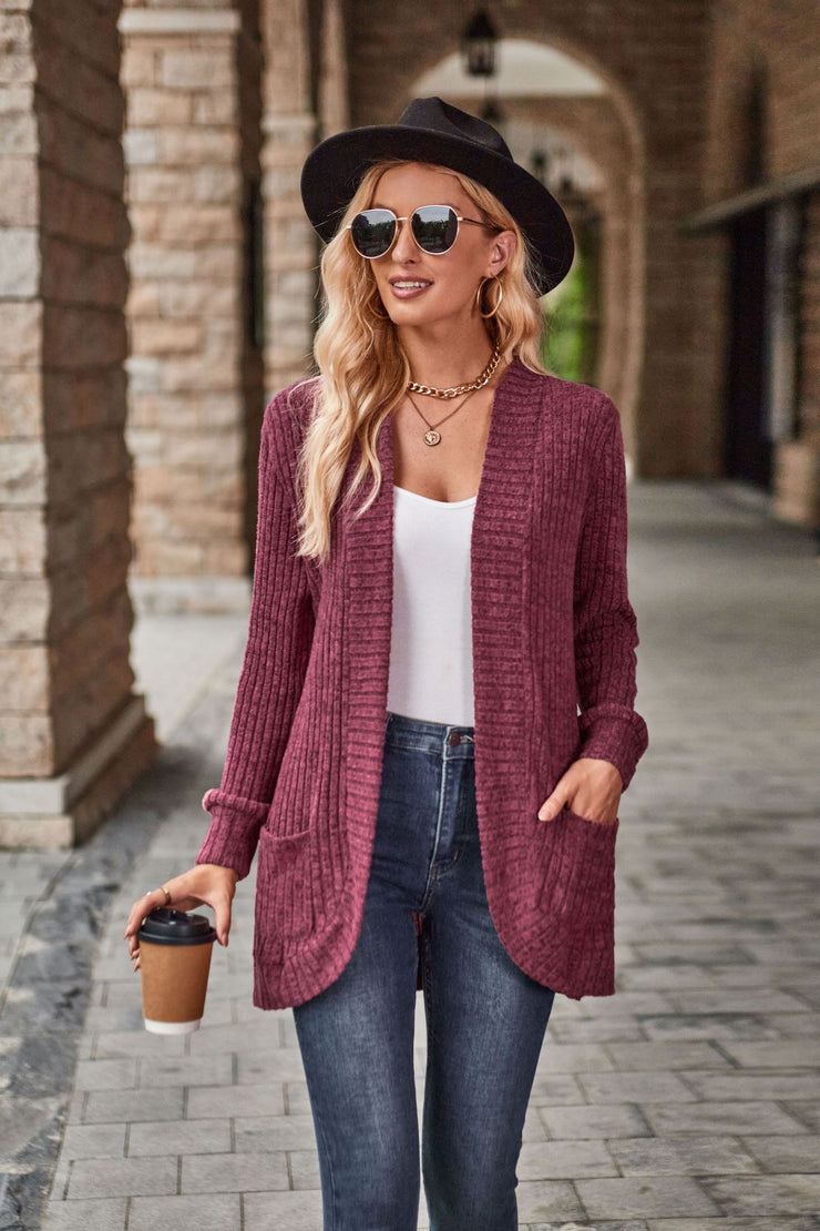 Autumn Solid Color Sunken Stripe Brushed Stitching Long Sleeve Cardigan Jacket