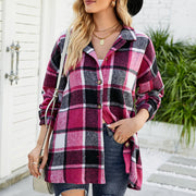 Women's Long-sleeved Plaid Shirt Mid-length Woolen Coat