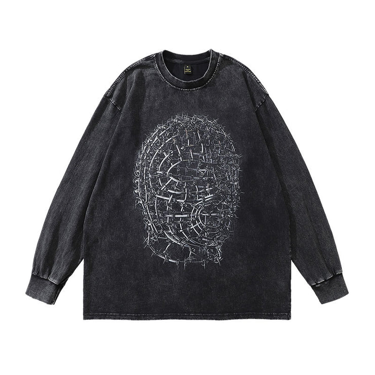 Niche Design Printed Distressed Long-sleeved T-shirt