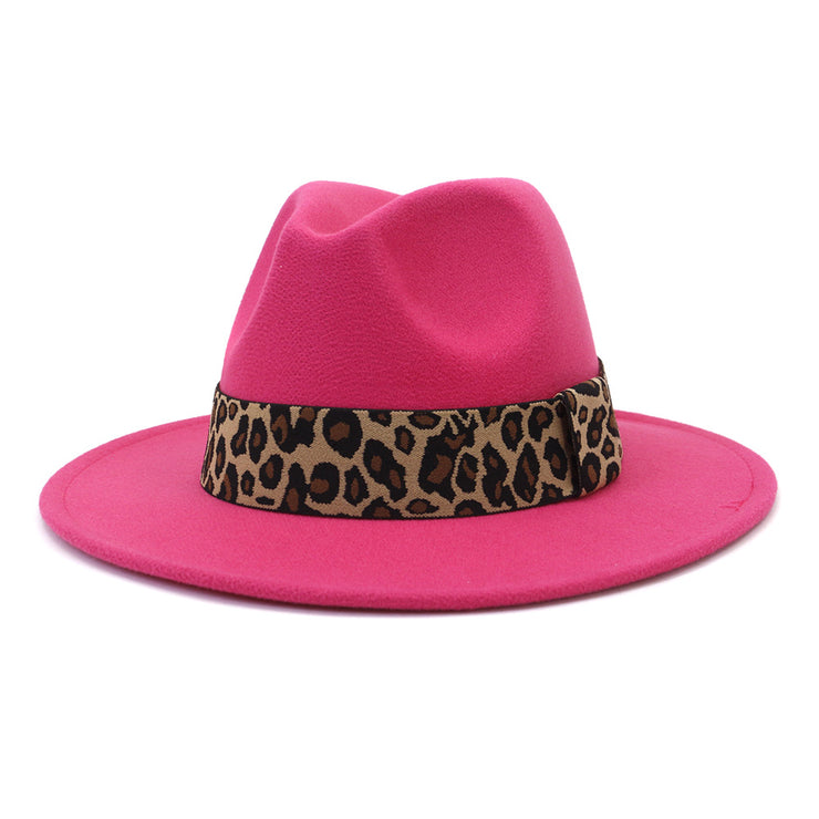 British Style Wool Leopard Print Wide-brimmed Hat