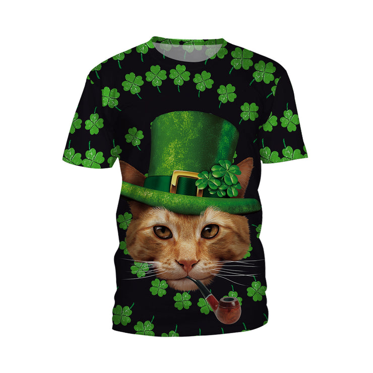 Patrick's Day Four Leaf Grass Cute Pet Cat Digital Print Round Neck T-shirt