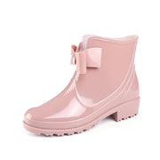 Short Tube Women's Rain Boots Waterproof Non-Slip Flat-Heeled Plastic Bow Rain Boots