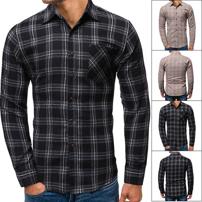 Cotton Brushed Youth Casual Single-pocket Slim Plaid Shirt