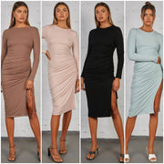 Women's Solid Color Round Neck Long Sleeve Irregular Pleating High Waist Dress