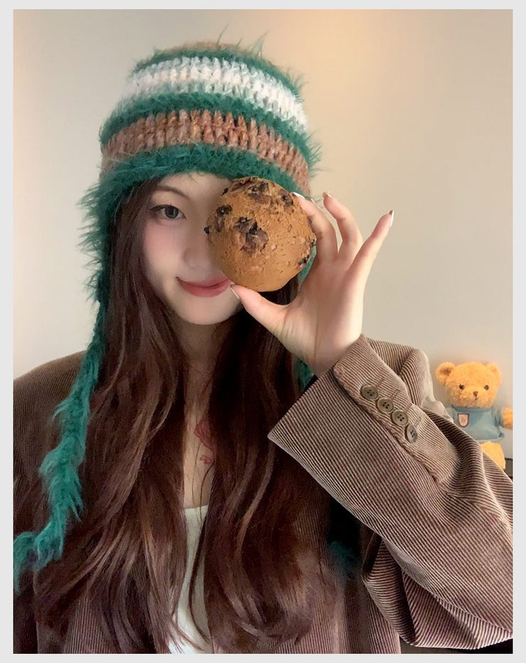 Rabbit Hair Plush Hat Korean Style Ins Warm Earflaps Cap Lace-up Cold-proof Striped Knitted Woolen Cap Winter