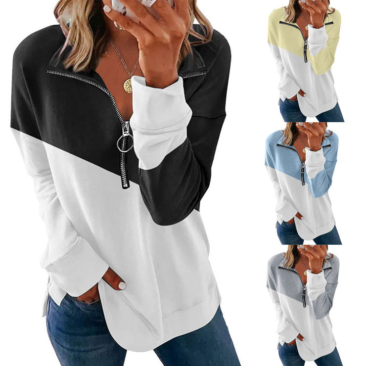 Women's Contrast Color Zipper Pullover Sweater