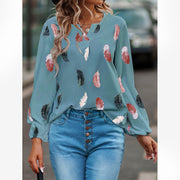 Feather Print Polo Shirt Long Lantern Sleeve Shirt Turndown Collar Breasted Tops Clothes