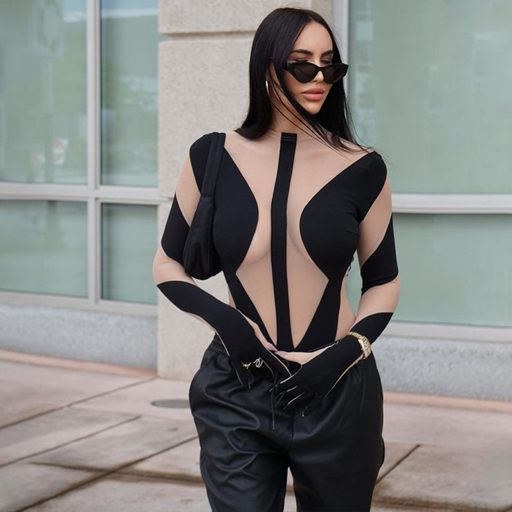 Sexy Mesh Perspective Stitching Long-sleeved Finger Sleeve Bodysuit