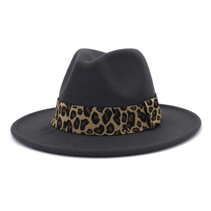 British Style Wool Leopard Print Wide-brimmed Hat