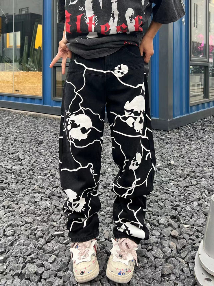 Hip Hop Full Printed Skull Jeans Dark High Street Design Sense Straight-leg Trousers