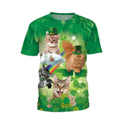 Patrick's Day Four Leaf Grass Cute Pet Cat Digital Print Round Neck T-shirt