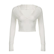 Hooded Low-cut V-neck Thin Slim-fit Base Top With A Slimming Temperament, Short Car And Long Sleeves