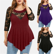 V-Neck Lace Irregular Waist Three-Quarter Sleeve Top