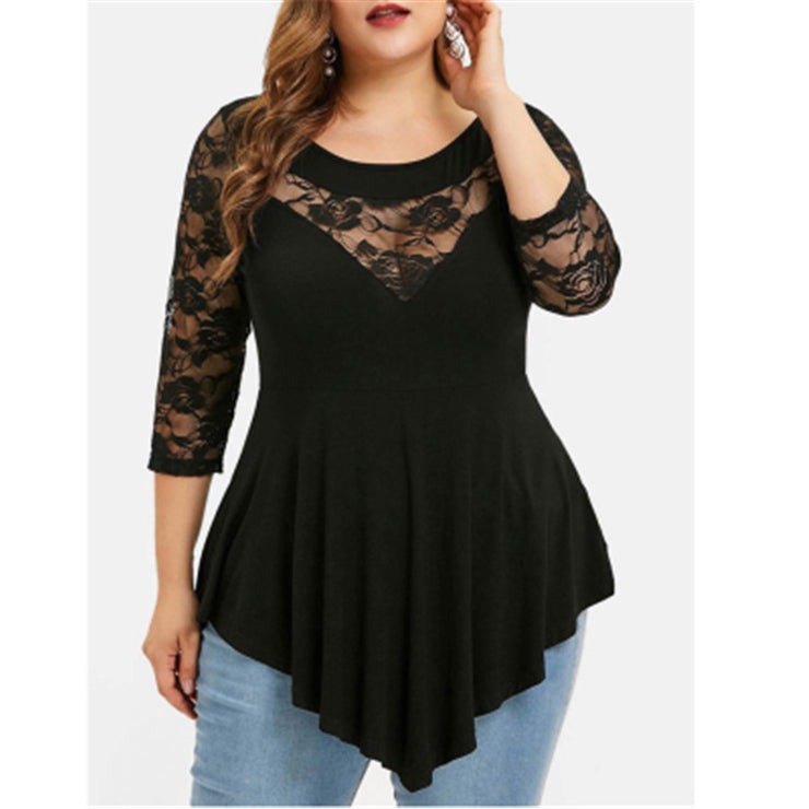 V-Neck Lace Irregular Waist Three-Quarter Sleeve Top