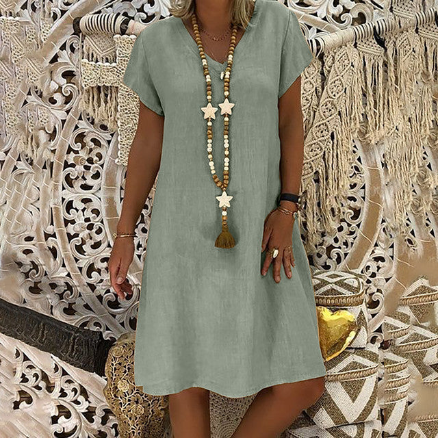 European And American Print Short-sleeved V-neck Mid-length Dress