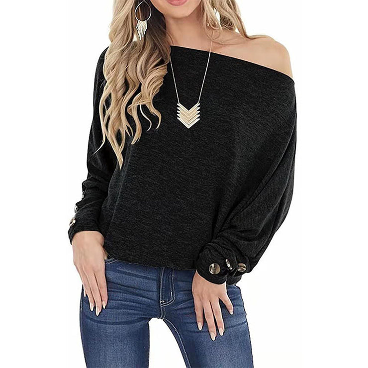 Women's Off-shoulder Button Solid Color Long Sleeve Casual T-shirt