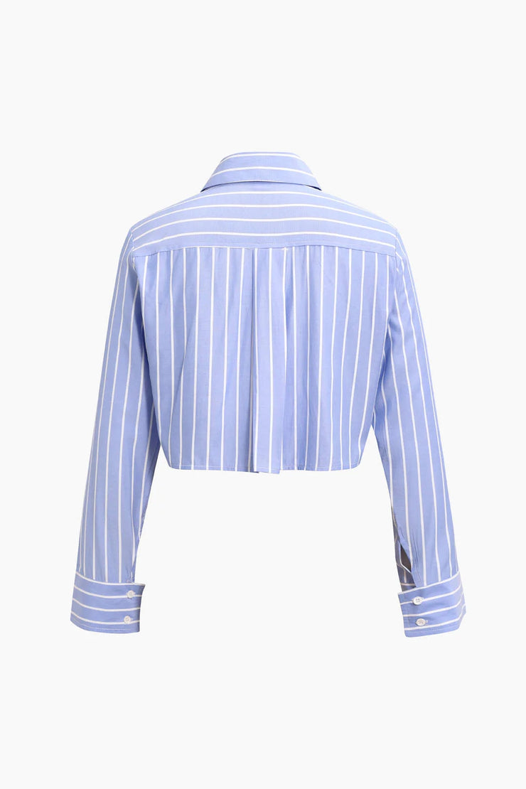 New Women's Lapel Stripe Pockets Decorate Long -sleeved Loose Short Shirt