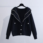 Women's Fashion Loose Beaded Navy Neck Sweater