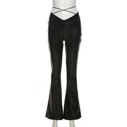 Slim PU Leather Casual Pants With High Waist Straight Leg And Wide Leg Strap