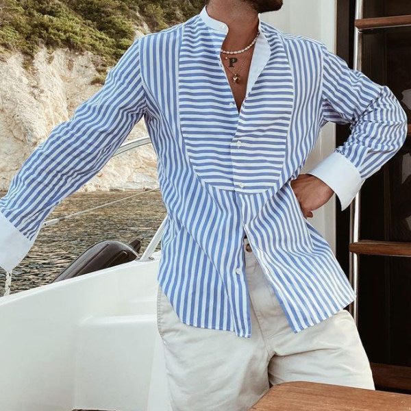 Men's Loose And Simple Striped Irregular Stitching Long-sleeved Shirt Cardigan