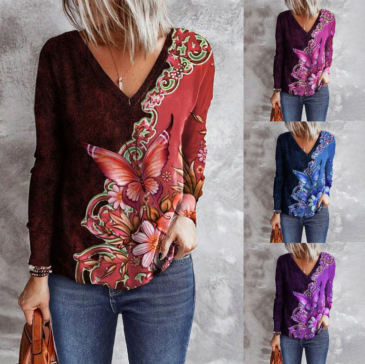 Women's Flower Butterfly Printed V-neck Long Sleeve Loose T-shirt