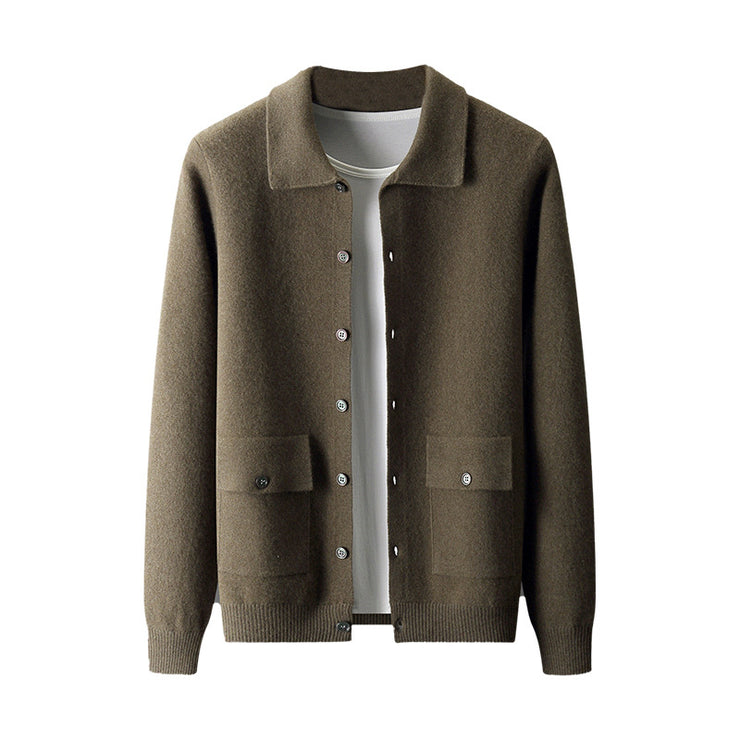 Men's Polo Collar Solid Color Wool Cardigan Autumn Winter Retro Pocket Thick Coat