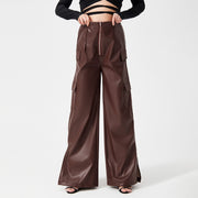 Fashion PU Trousers Metal Zipper Pocket Long Pants