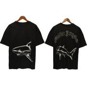 Shark Print Short Sleeve Trendy Men New Cotton T-shirt Cut Two Shark Loose T-shirt