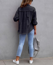 Women's Oversized Frayed Lightweight Denim Jacket Button Down Ripped Distressed Jean Shacket