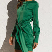 Pleated Tied Waist-controlled Long Sleeves Dress