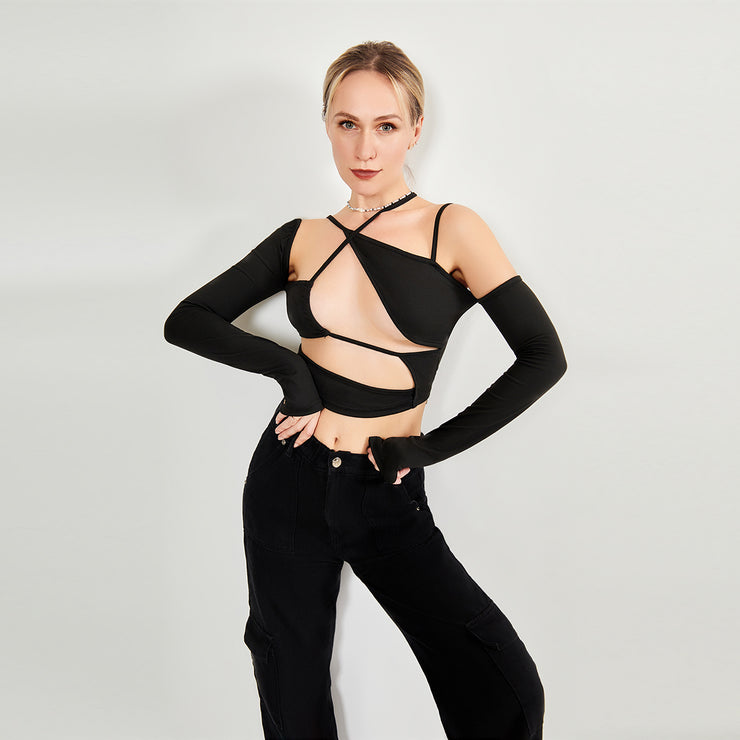 Long Sleeve Top Cut Out Asymmetrical Neck