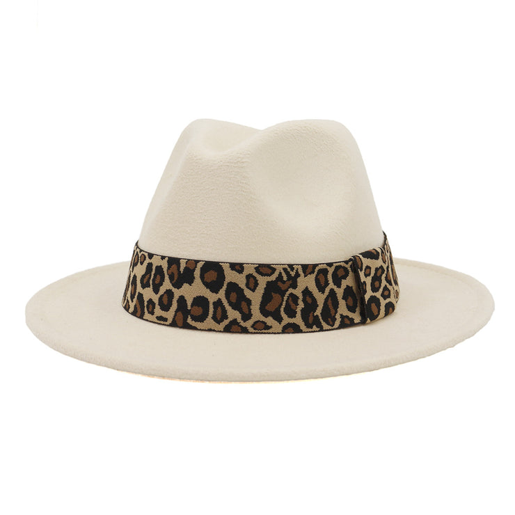 British Style Wool Leopard Print Wide-brimmed Hat