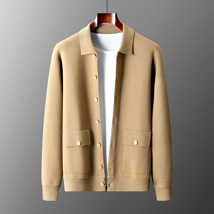 Men's Polo Collar Solid Color Wool Cardigan Autumn Winter Retro Pocket Thick Coat