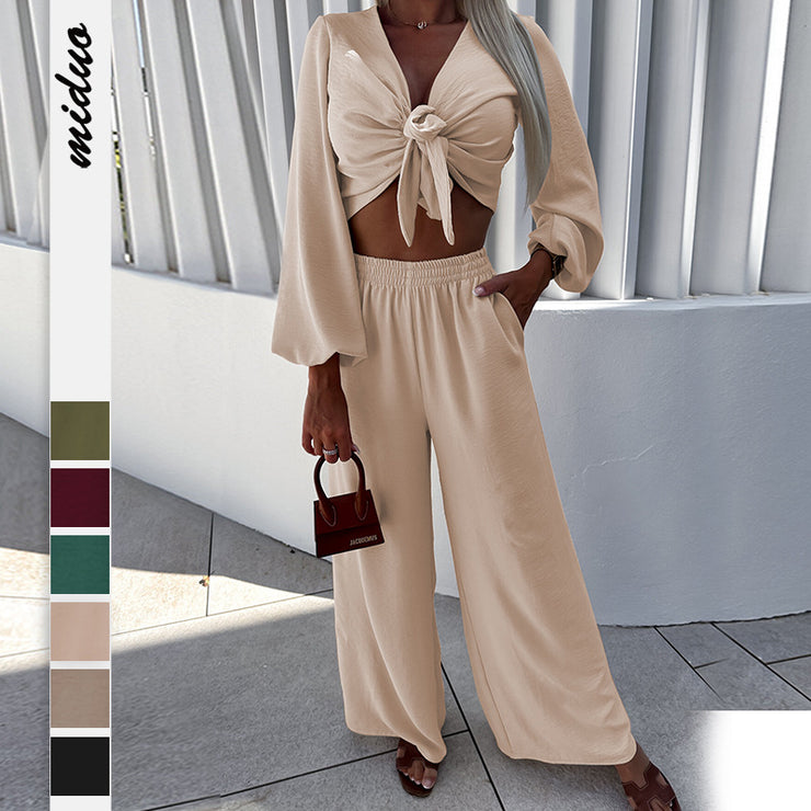 Fashion Women's Autumn Cardigan Tie Long Sleeve Top Wide Leg Trousers Two-piece Suit