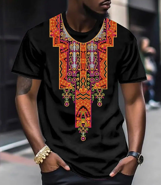 Ethnic Style 3D Digital Printed Round Neck Short-sleeved T-shirt Men