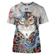 Japanese Samurai Cat 3D Printed Round Neck Short-sleeved Casual Top